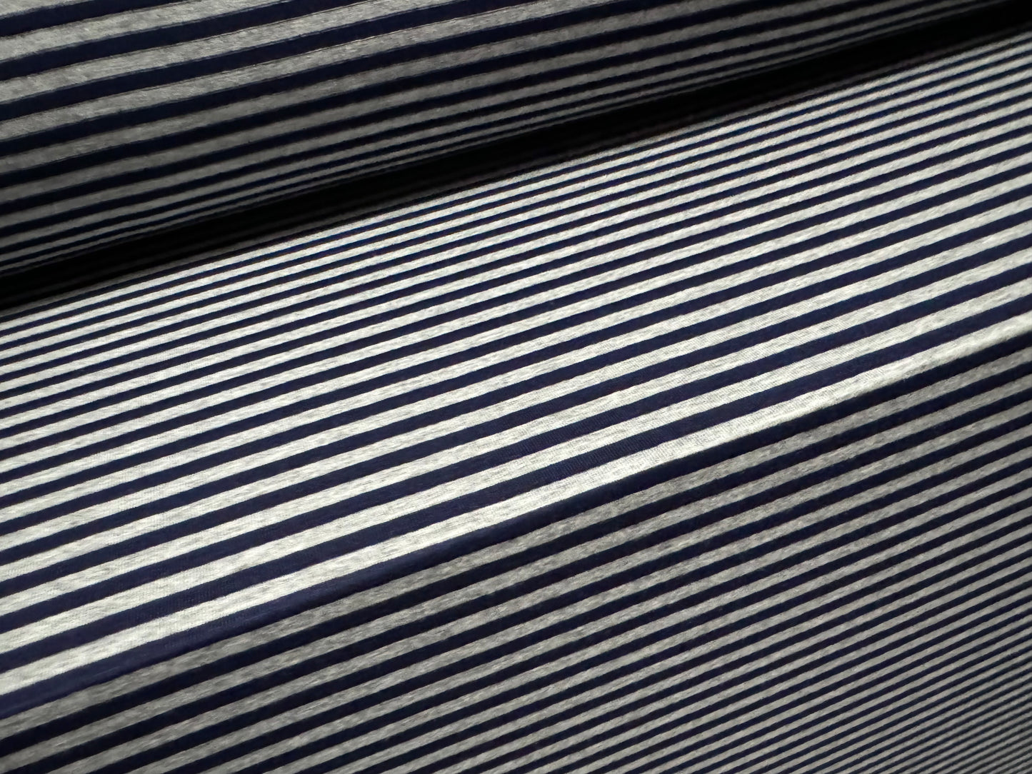 Viscose spandex stretch single jersey fabric, per metre - stripe - navy blue & grey marl