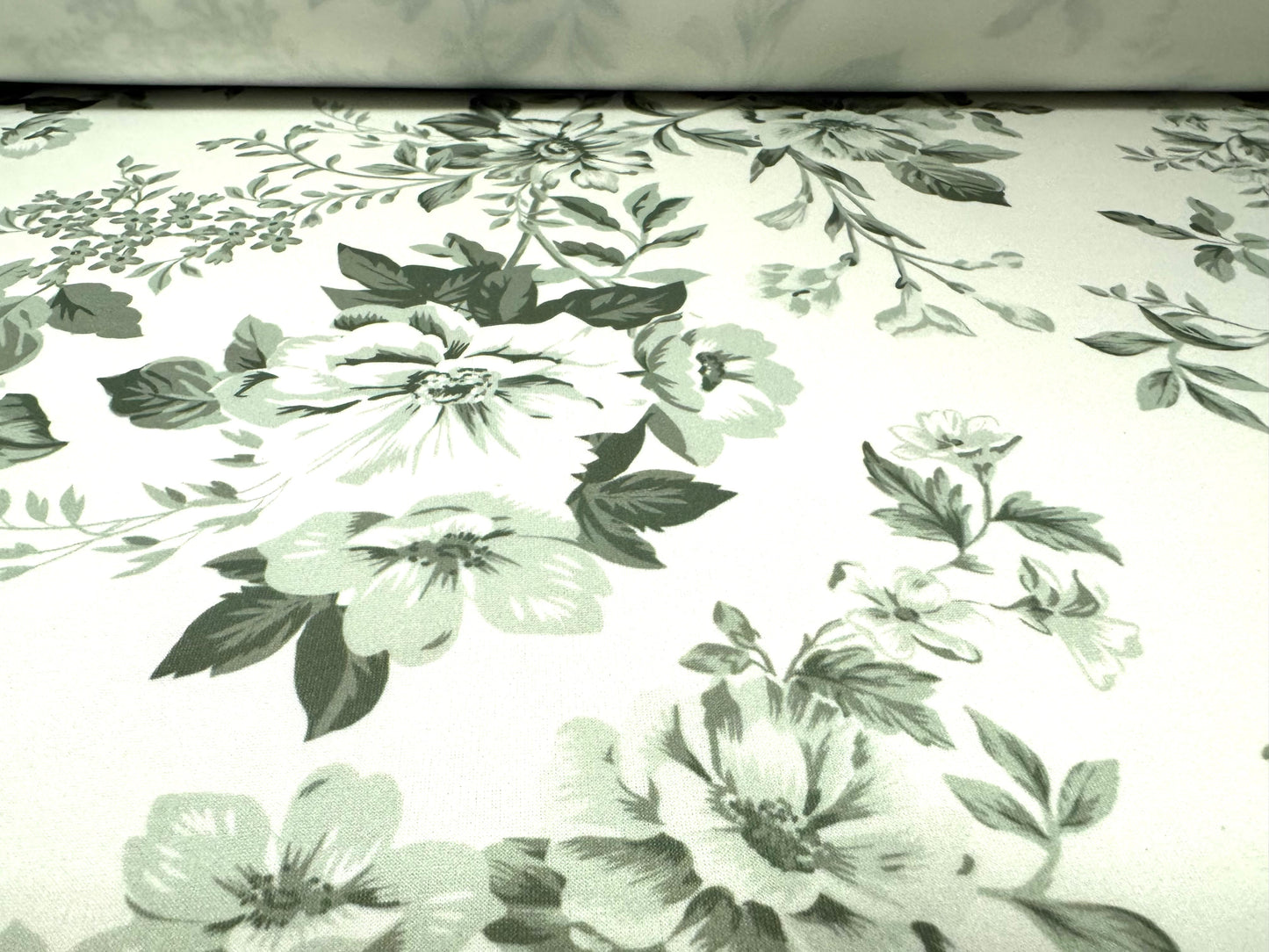Scuba crepe stretch spandex double jersey dress fabric, per metre - Toile De Jouy print - sage green & white