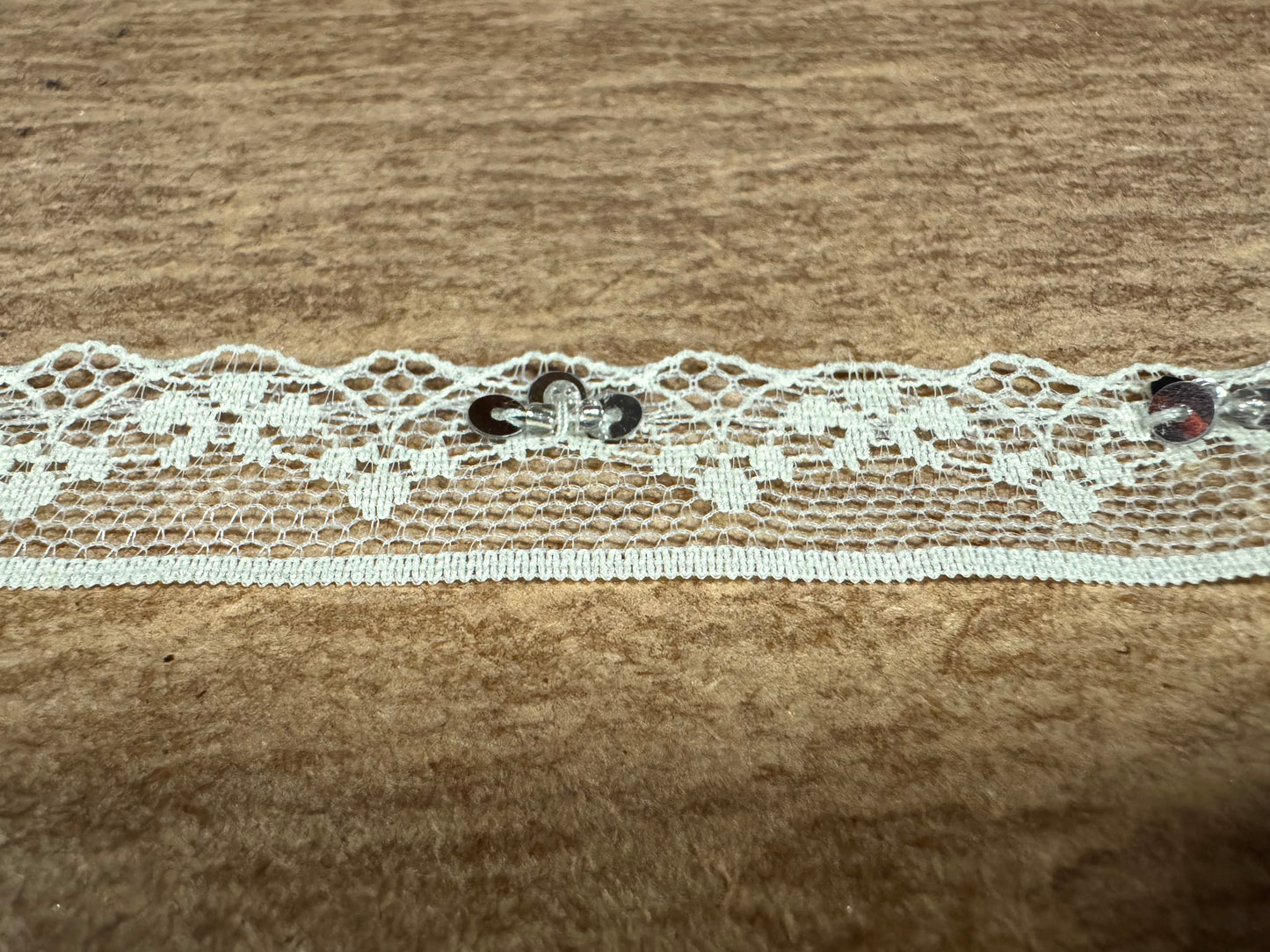 Scalloped lace edging trim fabric - floral - cream with silver sequins