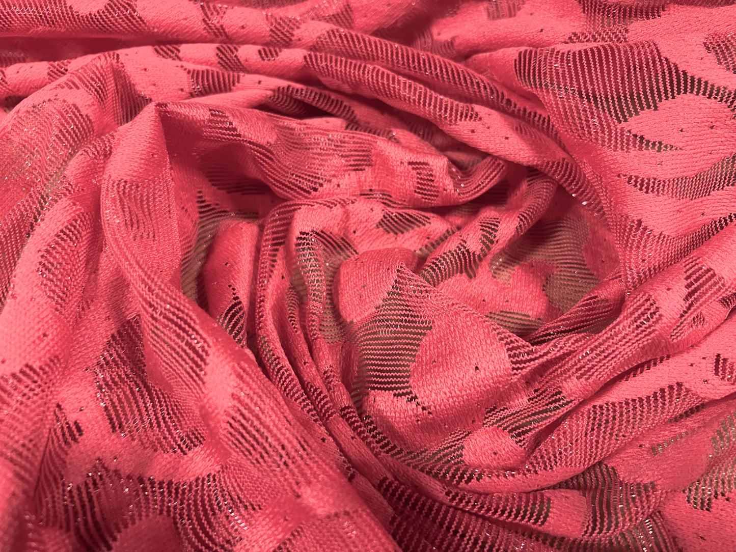 Burnout lace mesh net fabric, per metre - metallic swirl design - coral
