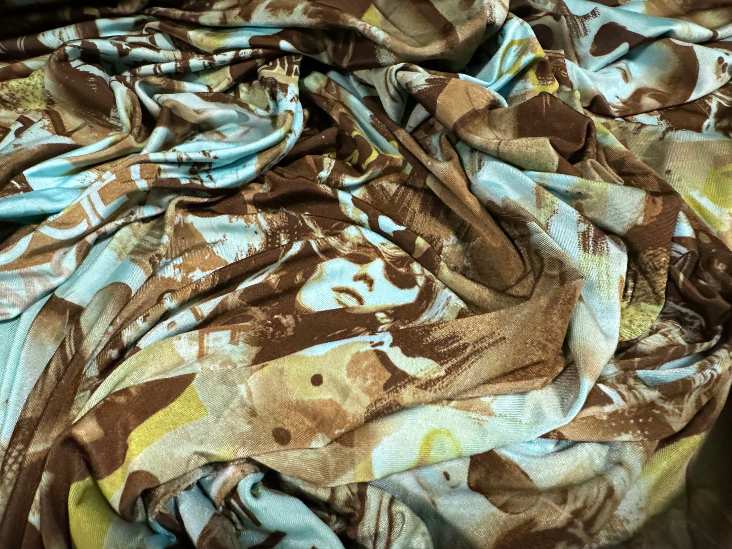 Stretch spandex single jersey fabric, per metre - Supermodel print - turquoise & brown