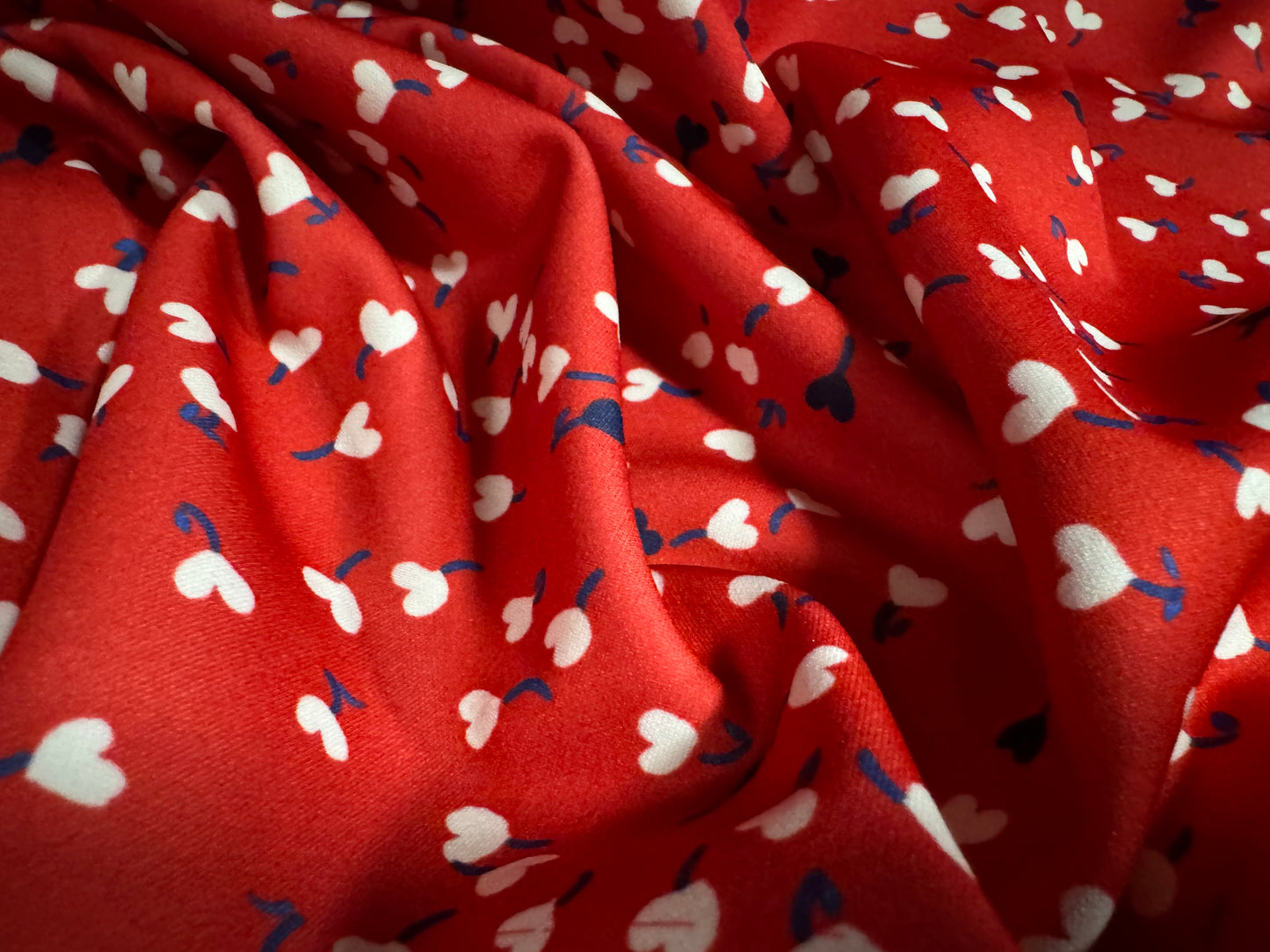 Scuba stretch spandex double jersey dress fabric, per metre - love heart flowers print - red white & blue
