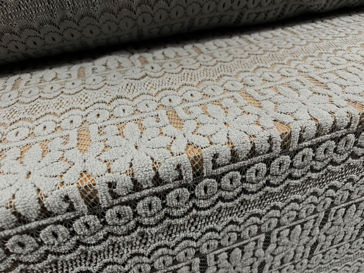 Flocked lace dress fabric, per metre - floral stripe pattern - grey