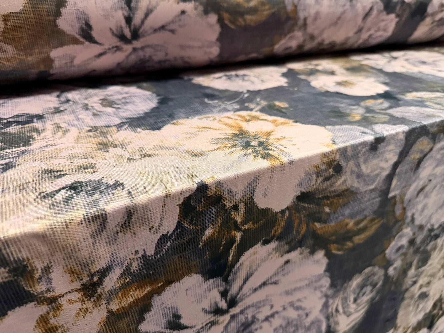 Stretch spandex single jersey fabric, per metre - linen look rose print - pale lilac & grey