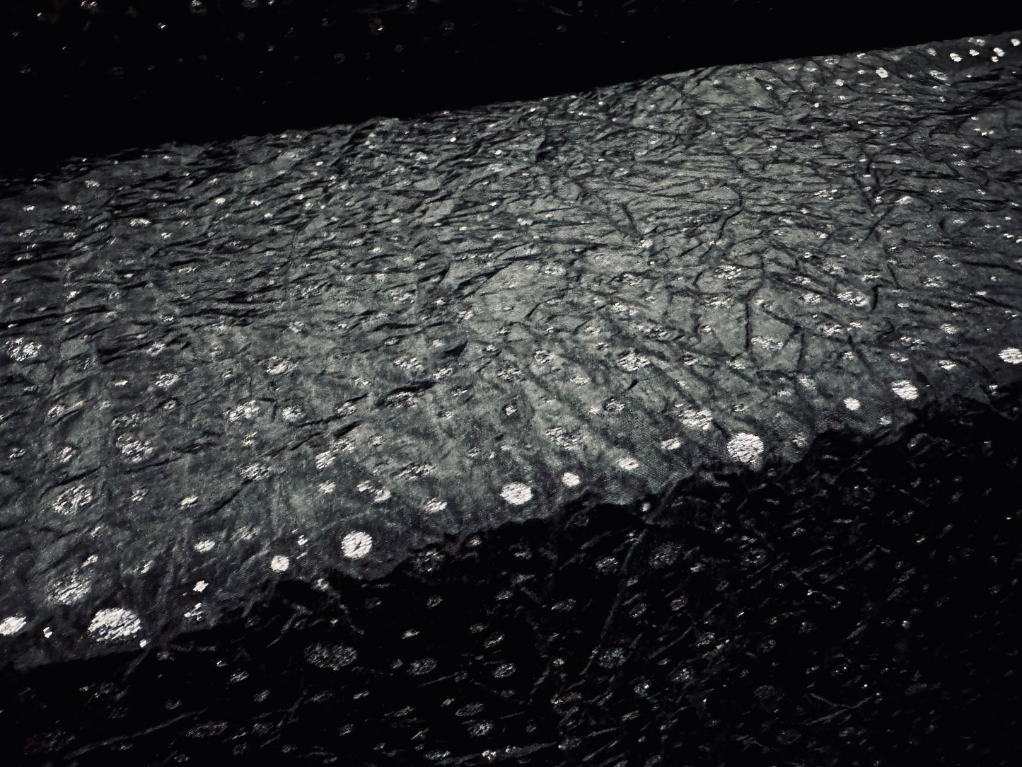 Taffeta faux silk fabric - metallic raindrop print - black & silver glitter