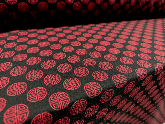 Panama woven fashion fabric, per metre - Chinese Lu Good Fortune print - black & wine