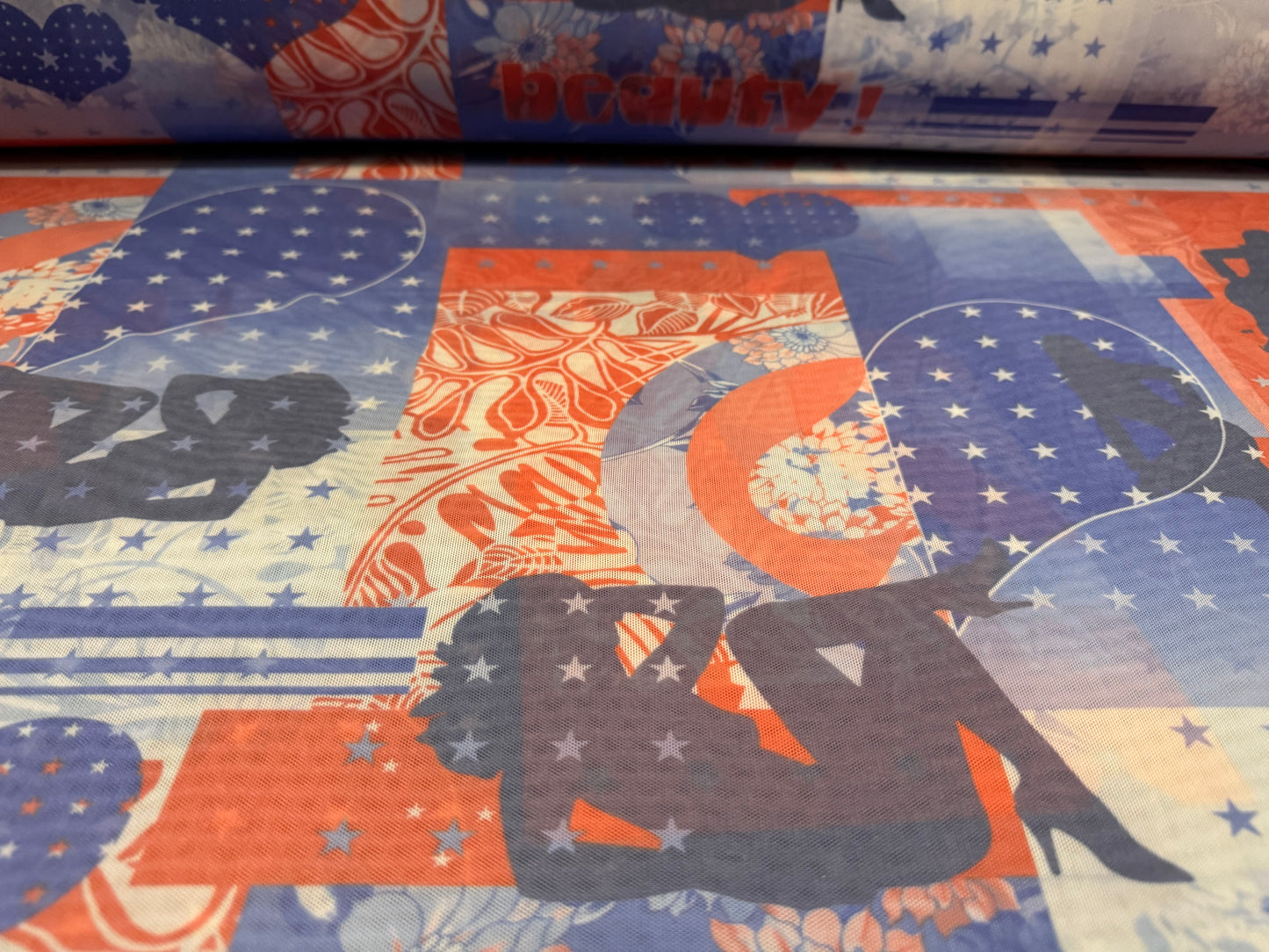 Power mesh net stretch spandex fabric, per metre - American Beauty print - red white & blue