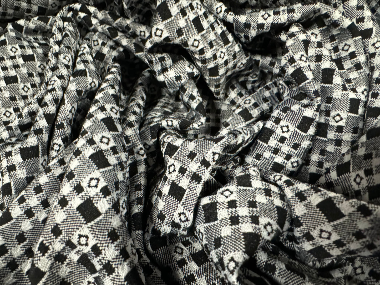 Double jersey stretch spandex dress fabric, per metre - motif check jacquard - monochrome