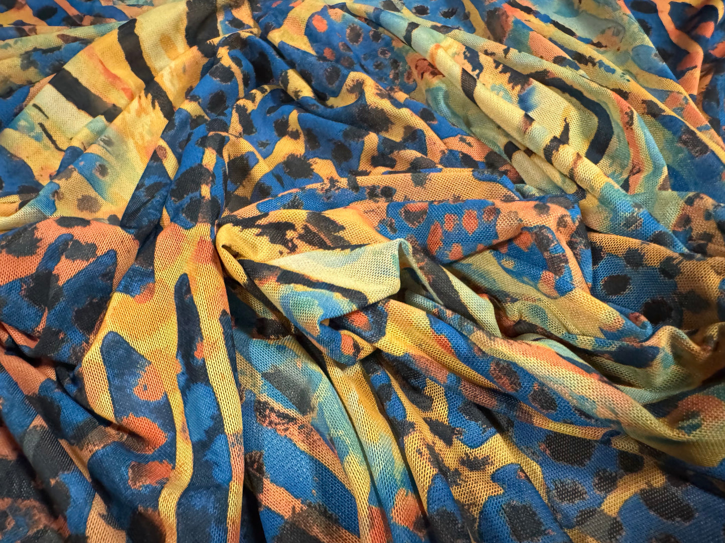 Power mesh net stretch spandex fabric, per metre - Crazy Tiger print - blue & amber