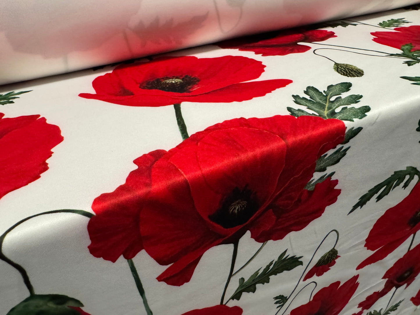 Scuba stretch spandex double jersey dress fabric, per metre - poppy flower print - red white & green