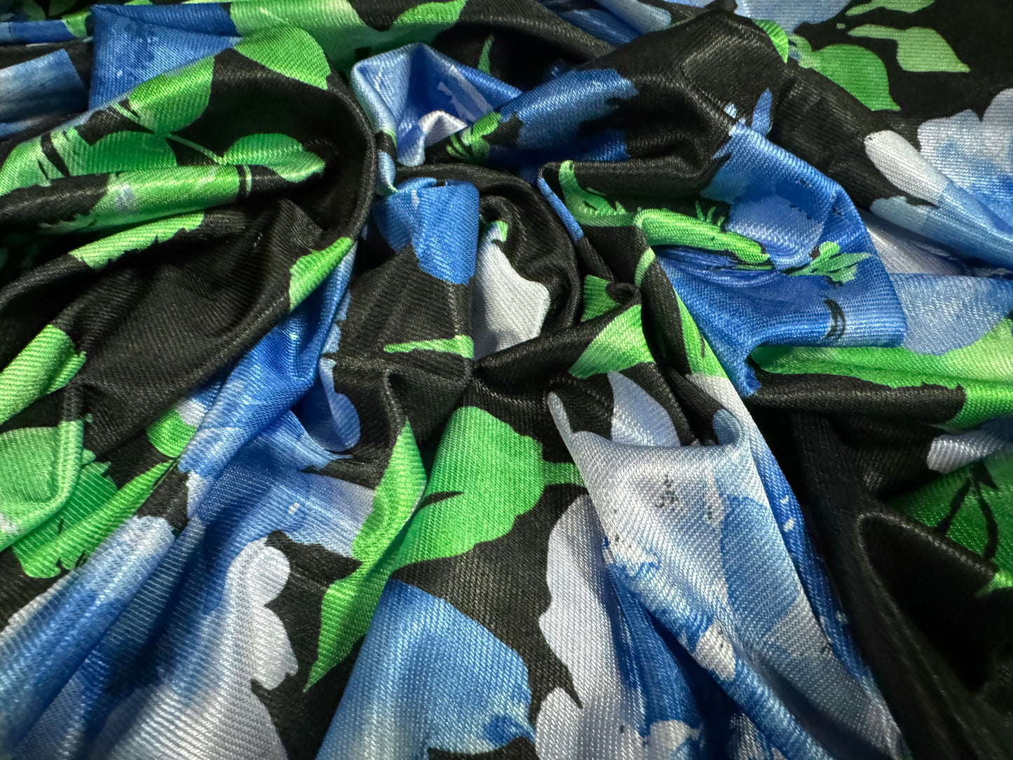 Stretch spandex satin jersey fabric, per metre - wild rose floral print - black blue & green