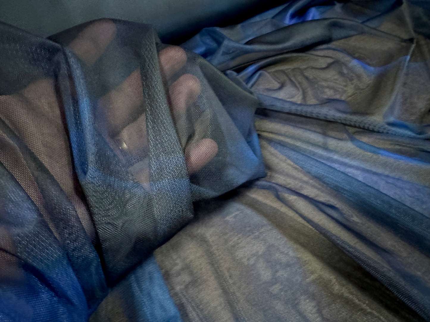 Power mesh net stretch spandex fabric, per metre - abstract swirl print - black & blue