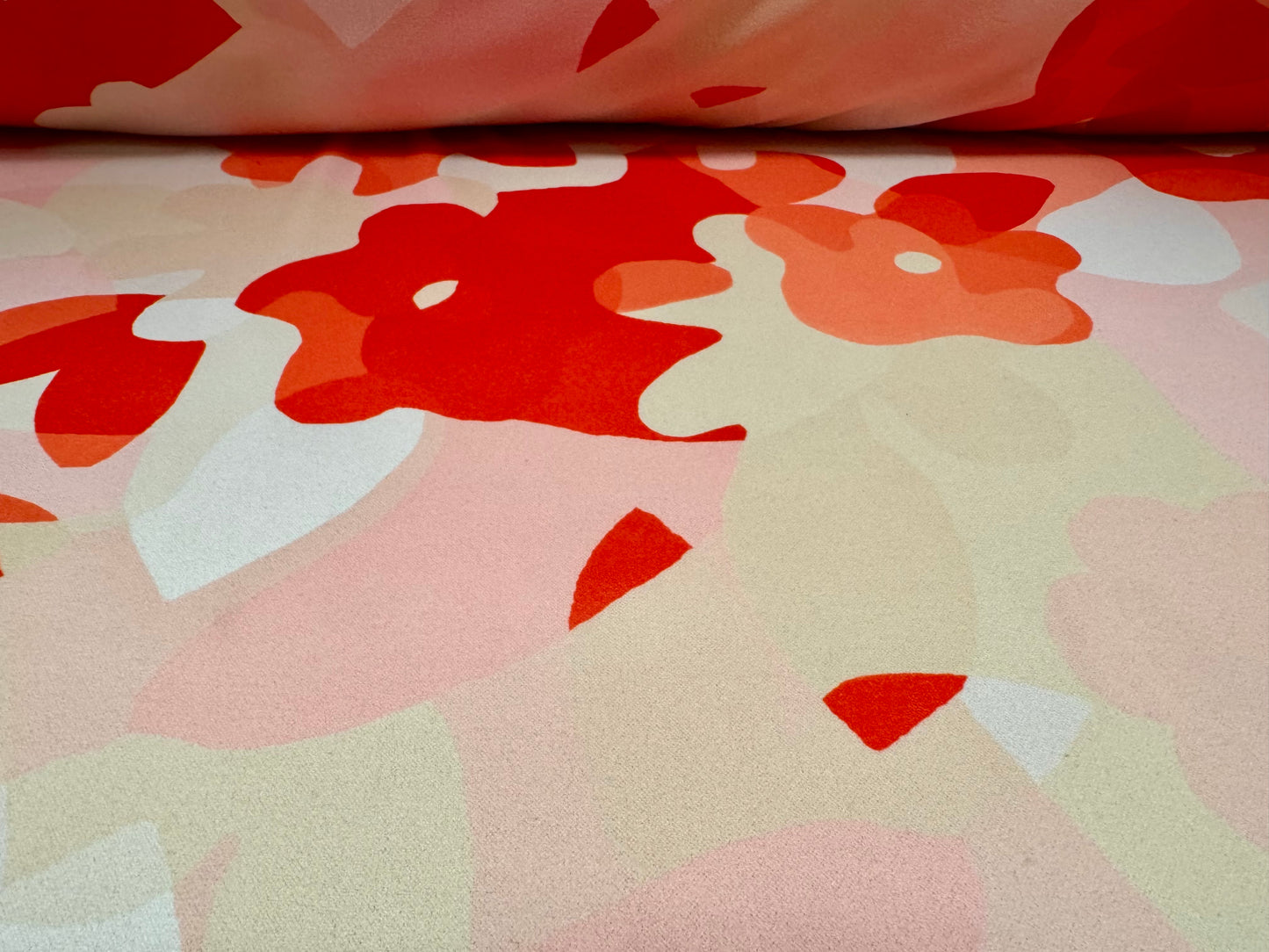 Scuba crepe stretch spandex double jersey fabric, per metre - stylised poppy print - red cream & pink