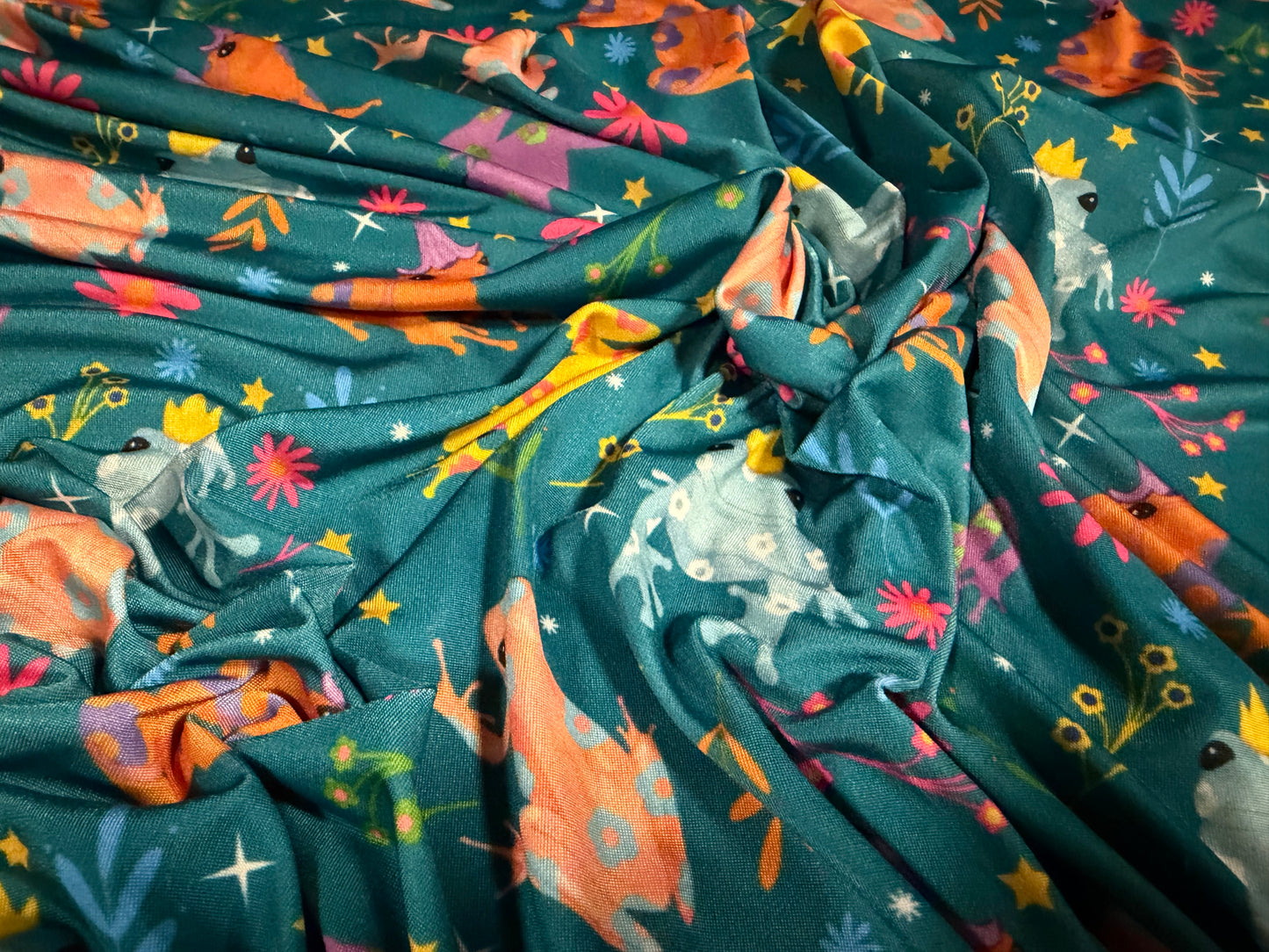 Soft touch stretch spandex single jersey fabric, per metre - Frog Prince print - teal