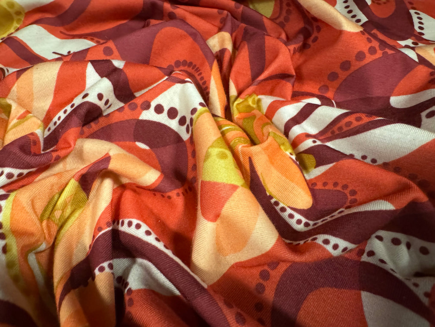 Stretch spandex interlock jersey fabric, per metre - retro flower print - burnt coral