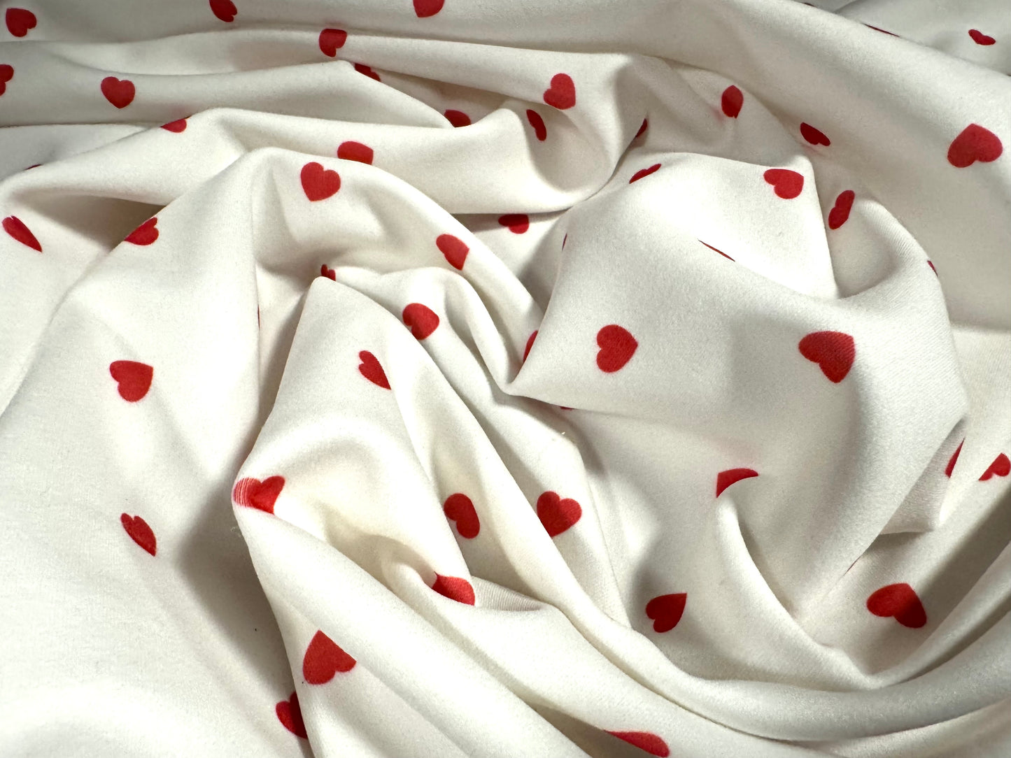 Scuba stretch spandex double jersey fabric, per metre - love heart print - ivory & red
