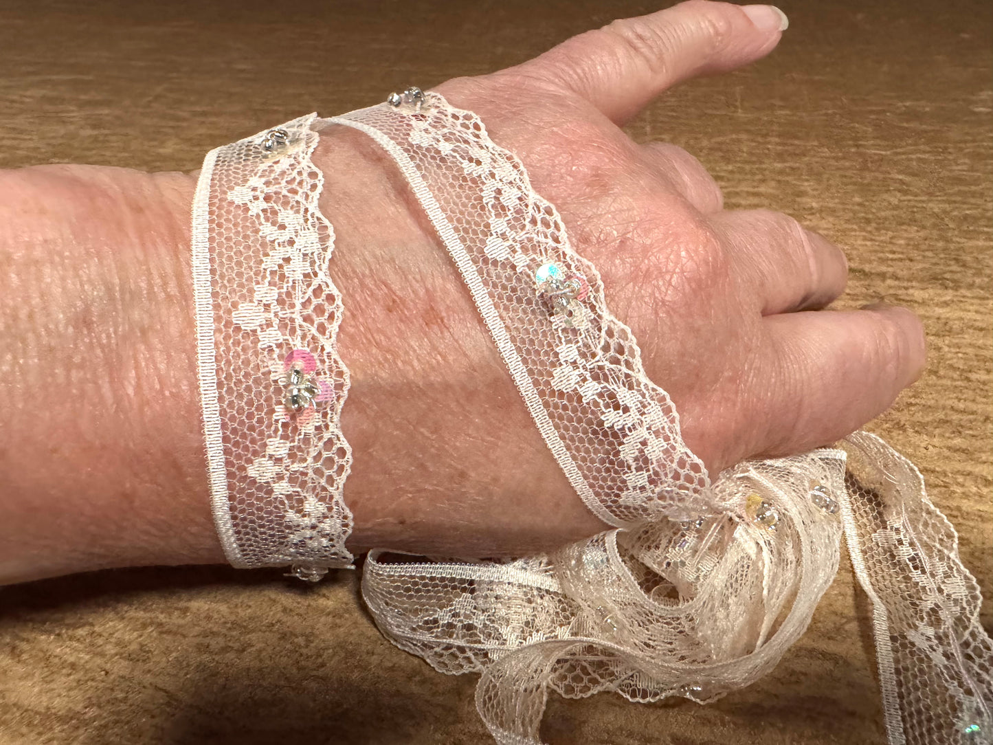 Scalloped lace edging trim fabric - floral - pink with pink sequins