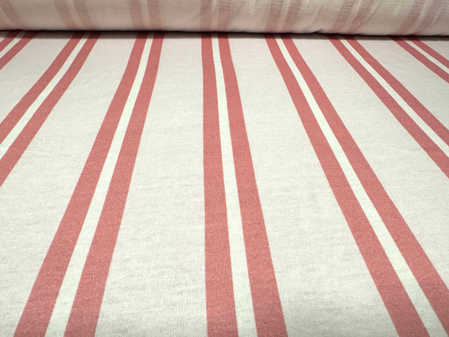 Cotton single jersey fabric, per metre - stripe - pale pink & coral