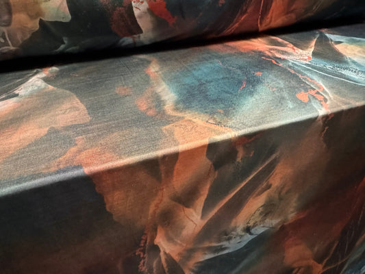 Stretch spandex single jersey fabric, per metre - Quartz print - orange & teal