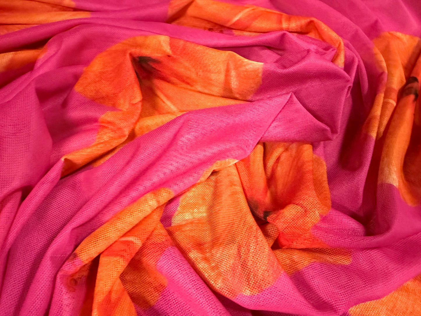 Power mesh net stretch spandex fabric, per metre - hibiscus blossom - hot pink & orange
