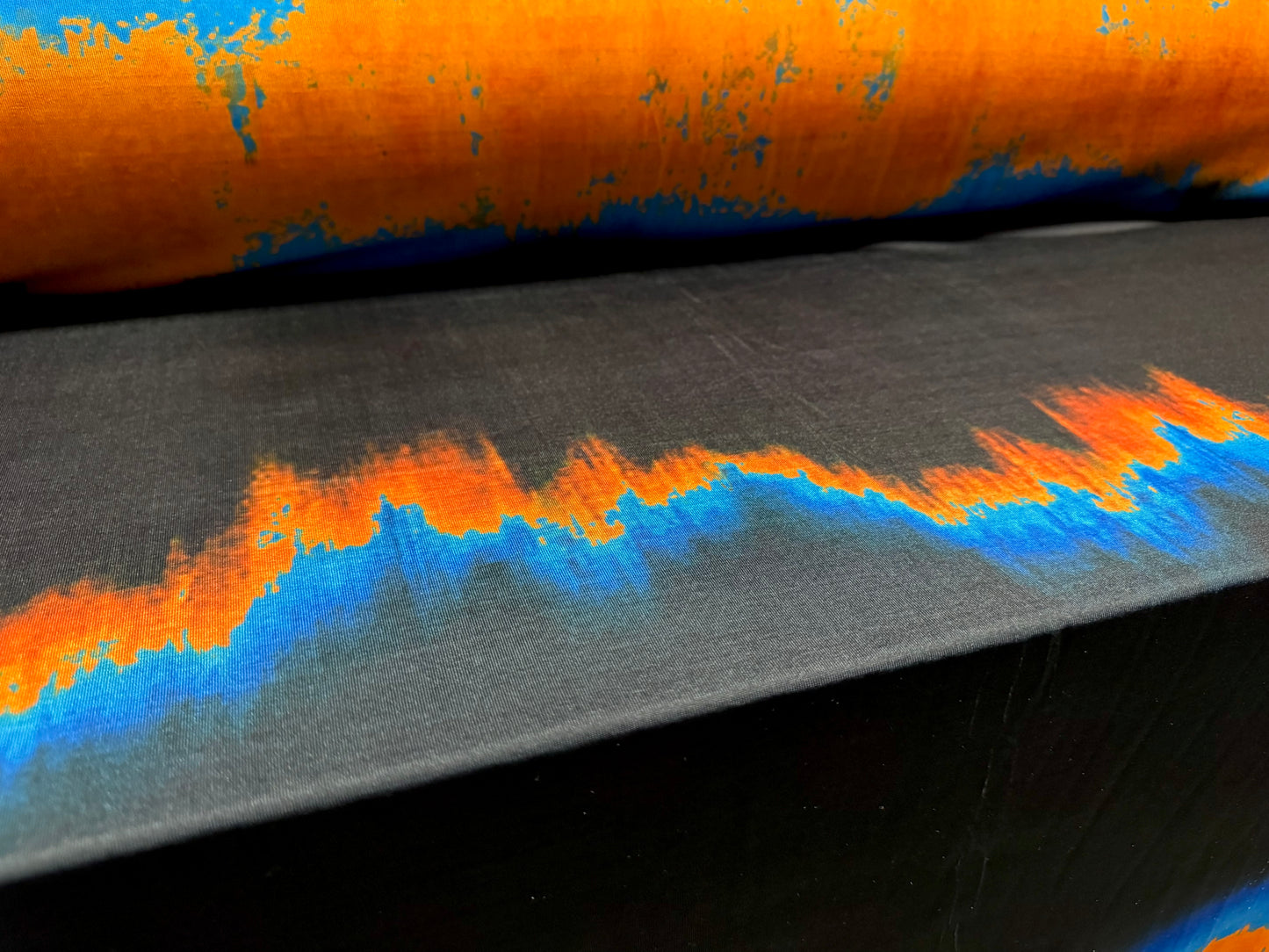 Disco stretch single jersey fabric, per metre - volcano ombré print - black blue & orange