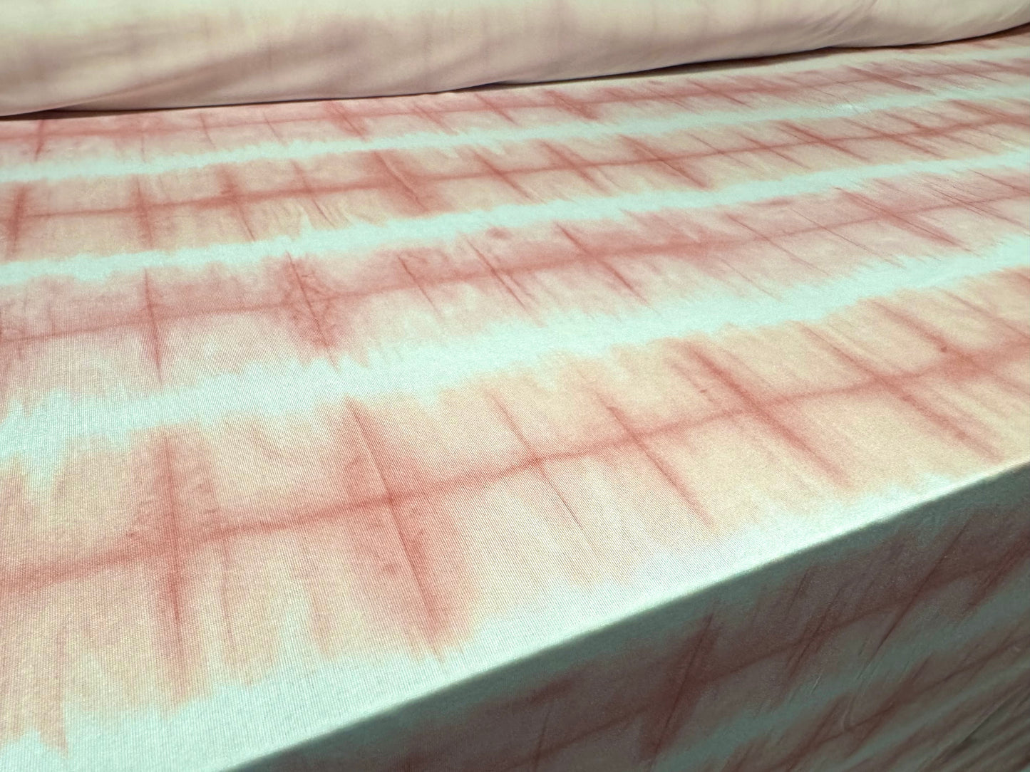 Soft touch Spandex stretch jersey fabric, per metre - pulse tie dye print - pink & ivory