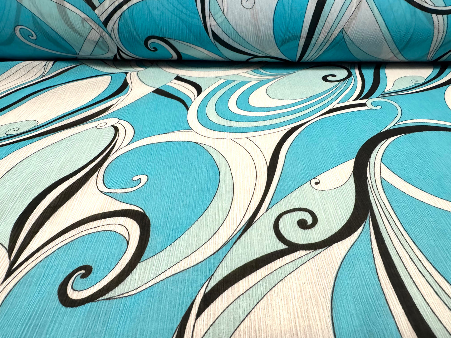 Printed chiffon yoryu dress blouse fabric, per metre - 60s swirl print - Sky blue