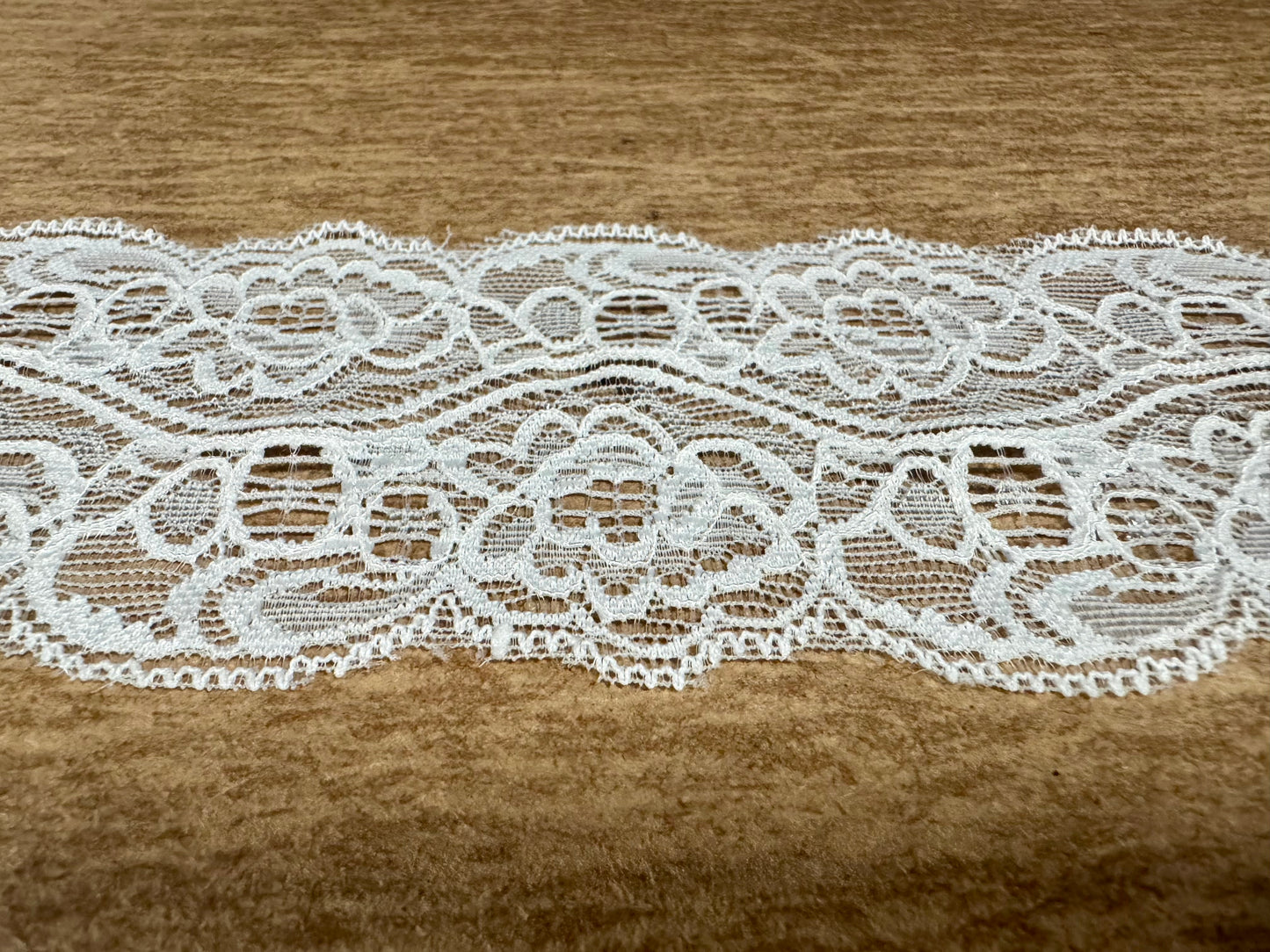 Scalloped stretch lace edging trim fabric, per metre - floral - cream