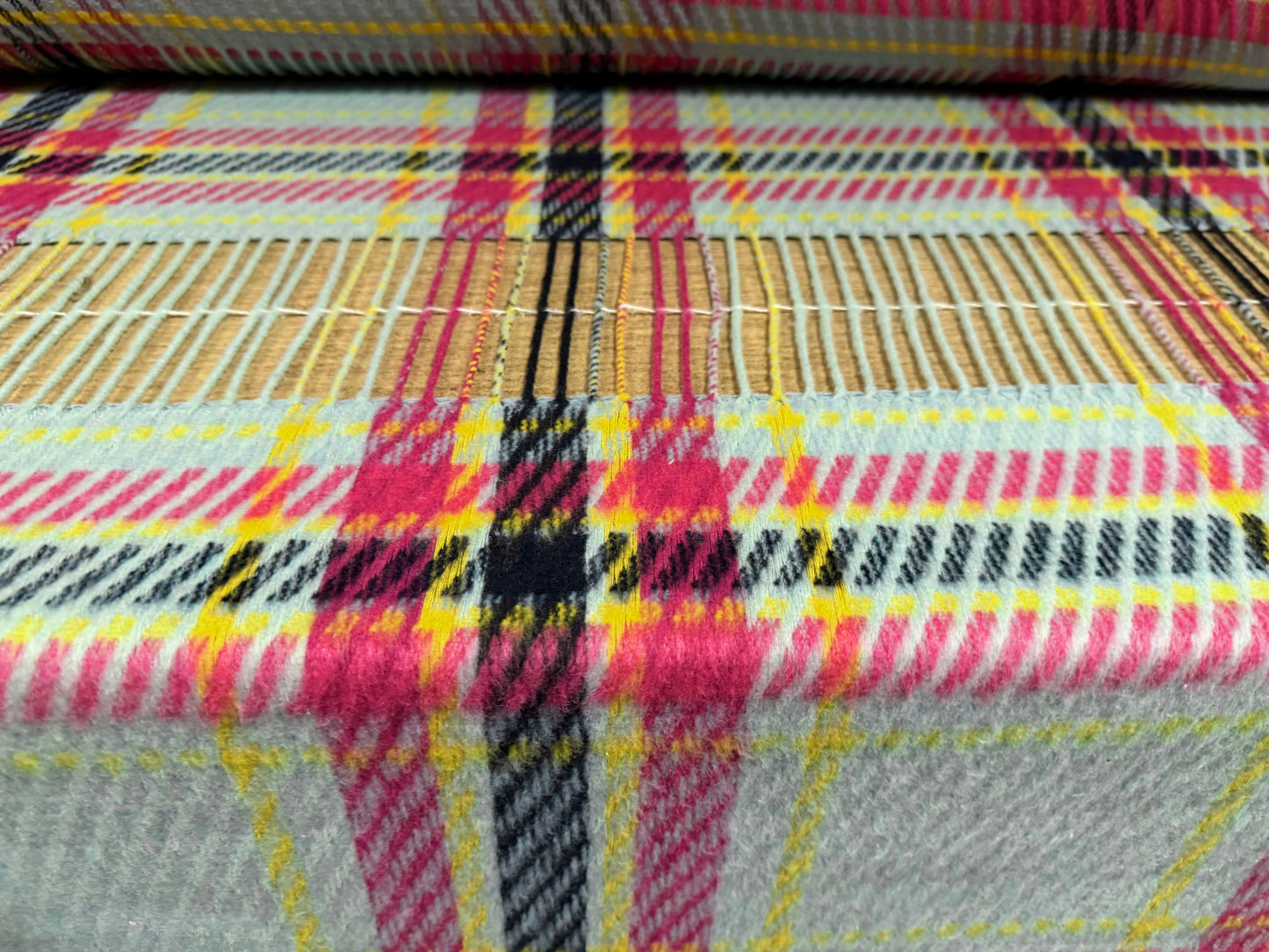 Heavyweight wool fringe flannel fabric, per metre - tartan - aqua & cerise