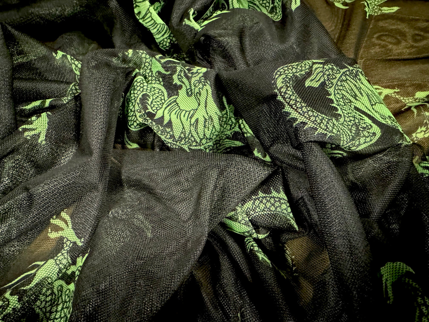 Power mesh net stretch spandex fabric, per metre - Oriental dragon print - black & green