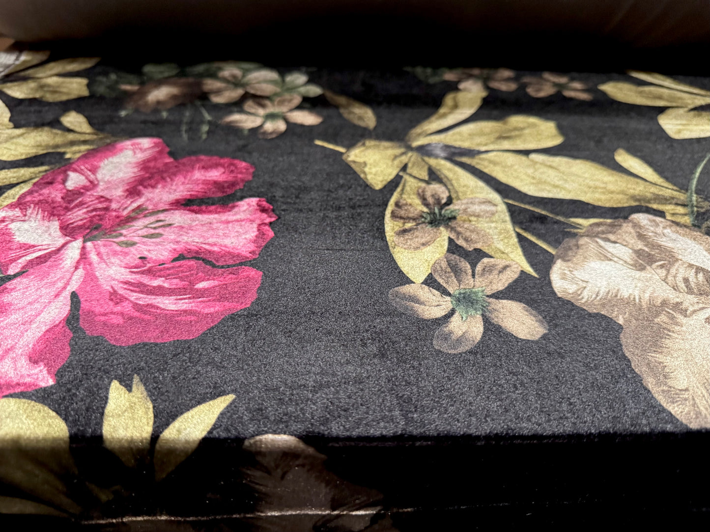 Spandex velvet stretch dress fabric, per mere - lily floral print - black sage & fuchsia