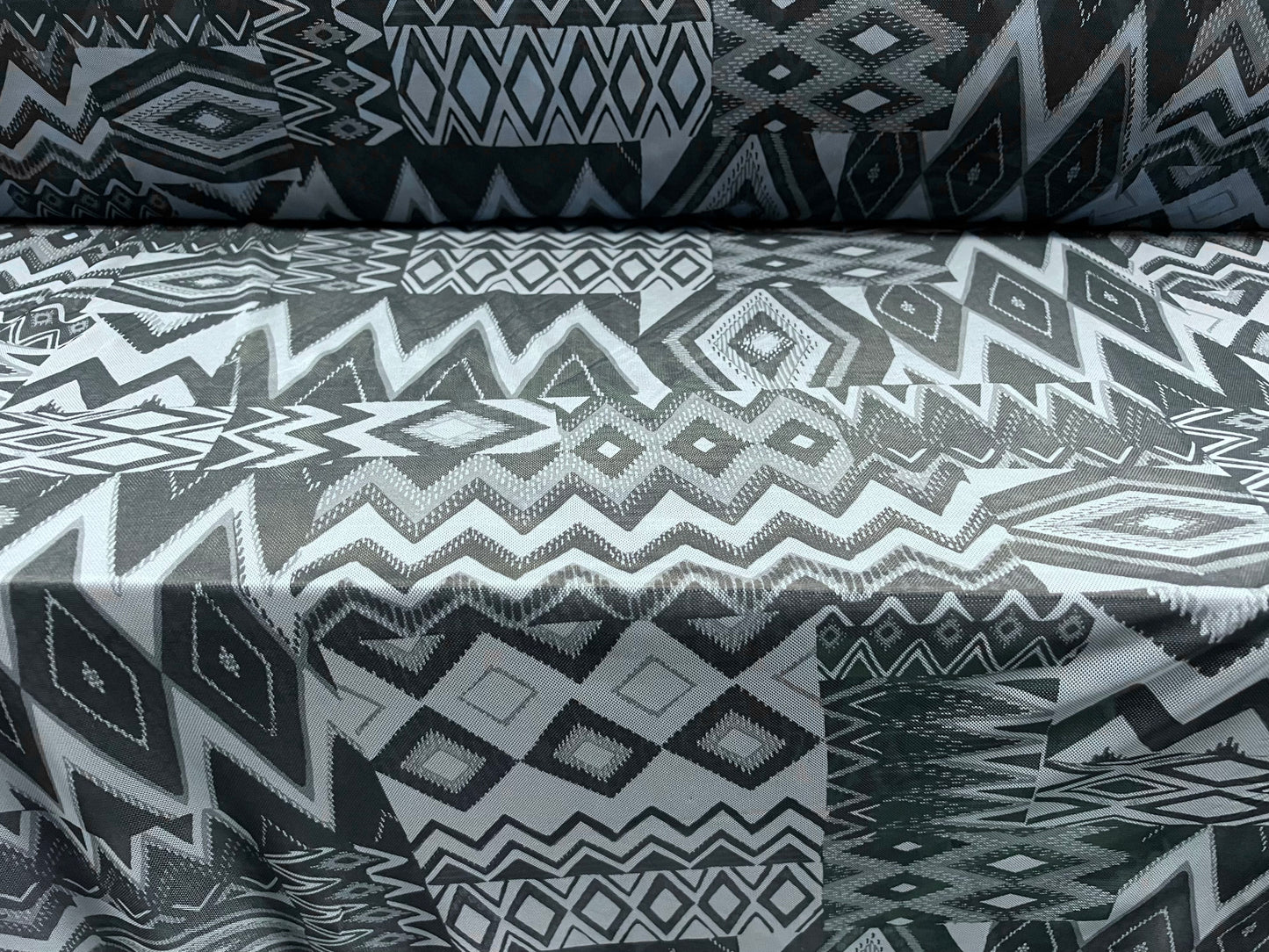 Power mesh net stretch spandex fabric, per metre - Aztec patchwork print - powder blue