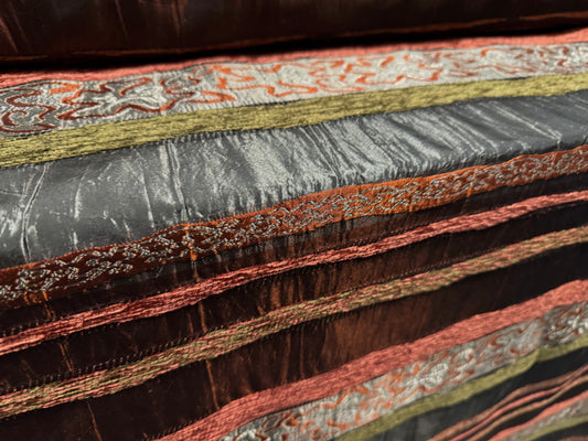 Brocade taffeta faux silk fabric - floral chenille stripe - terracotta grey & green