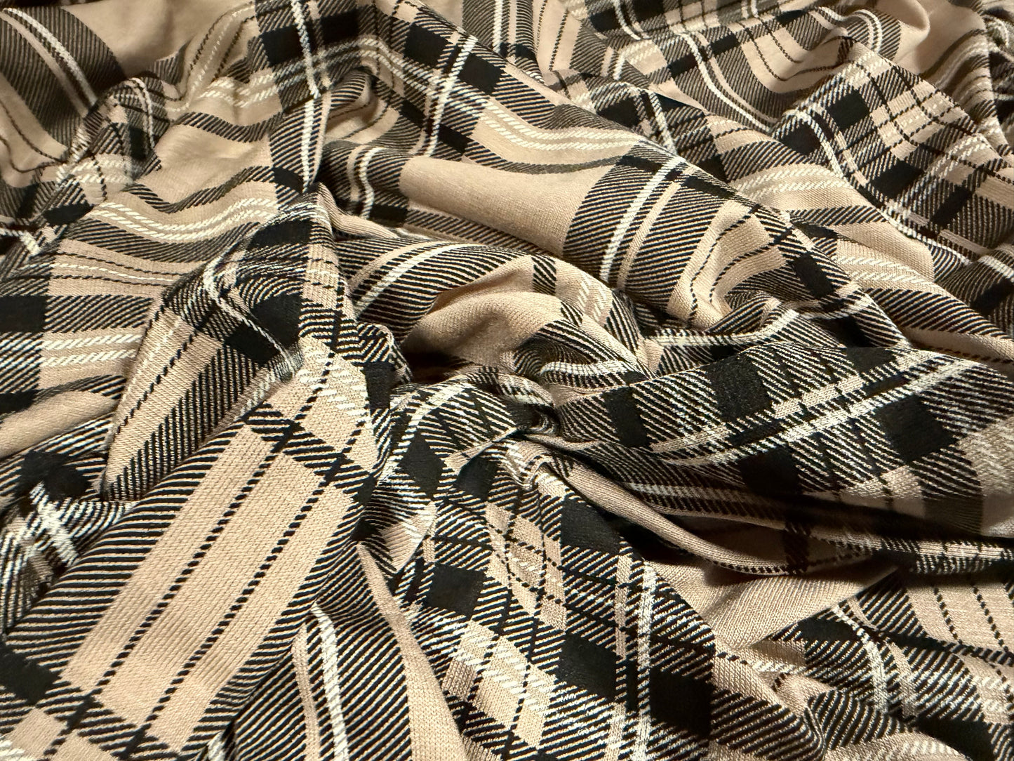 Viscose spandex stretch jersey fabric, per metre - tartan check print - stone