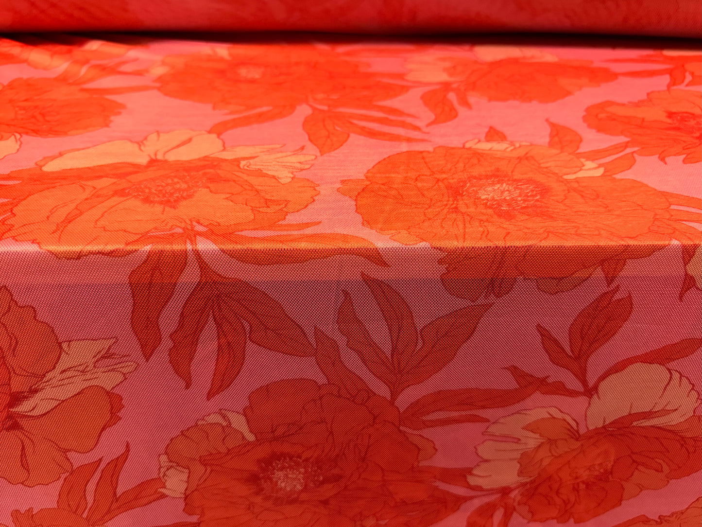 Power mesh net stretch spandex fabric, per metre - wild rose floral print - pink & coral