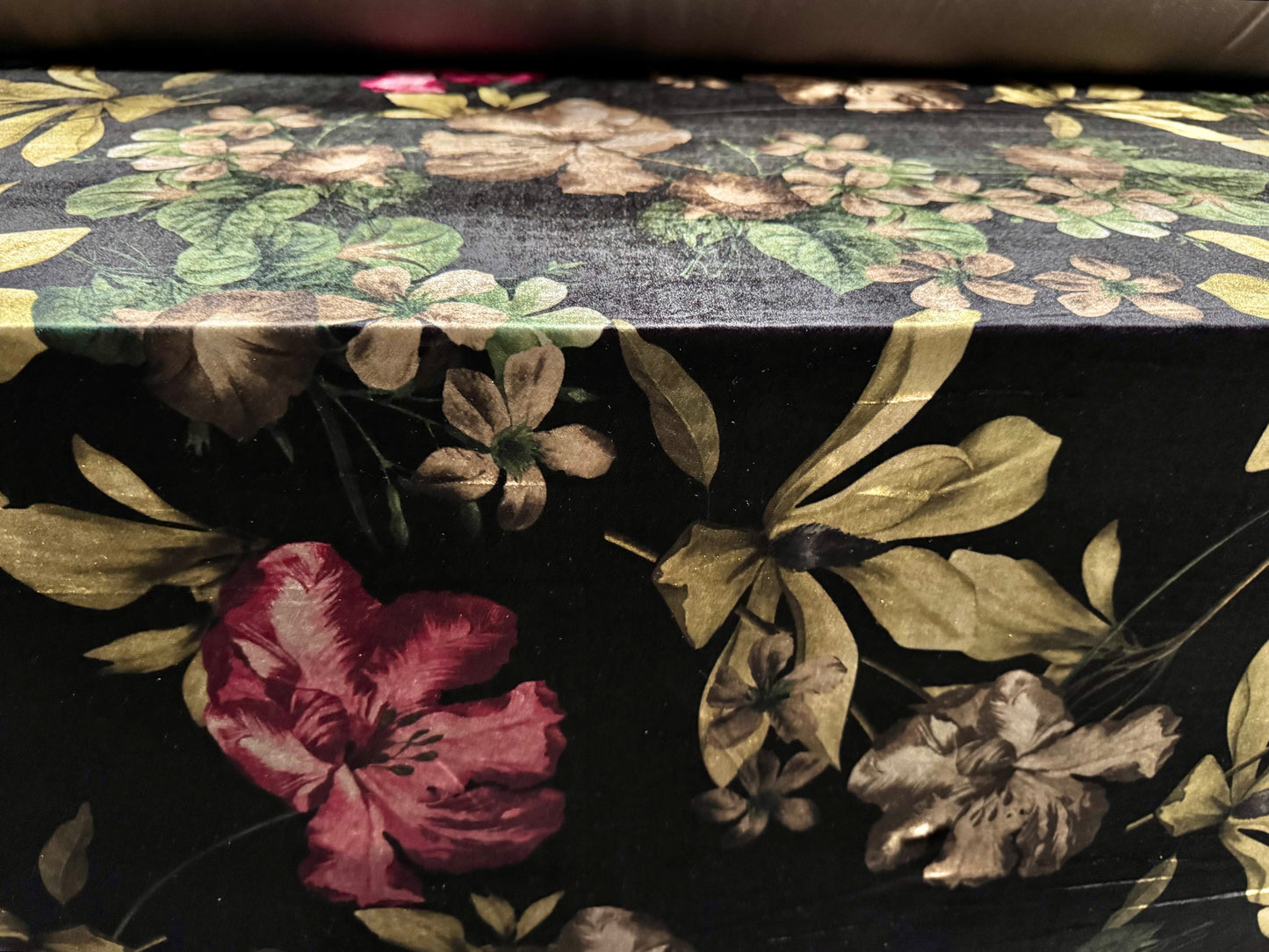 Spandex velvet stretch dress fabric, per mere - lily floral print - black sage & fuchsia