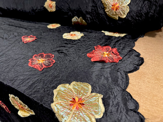 Taffeta faux silk fabric, per metre - embroidered flower appliqué border - black