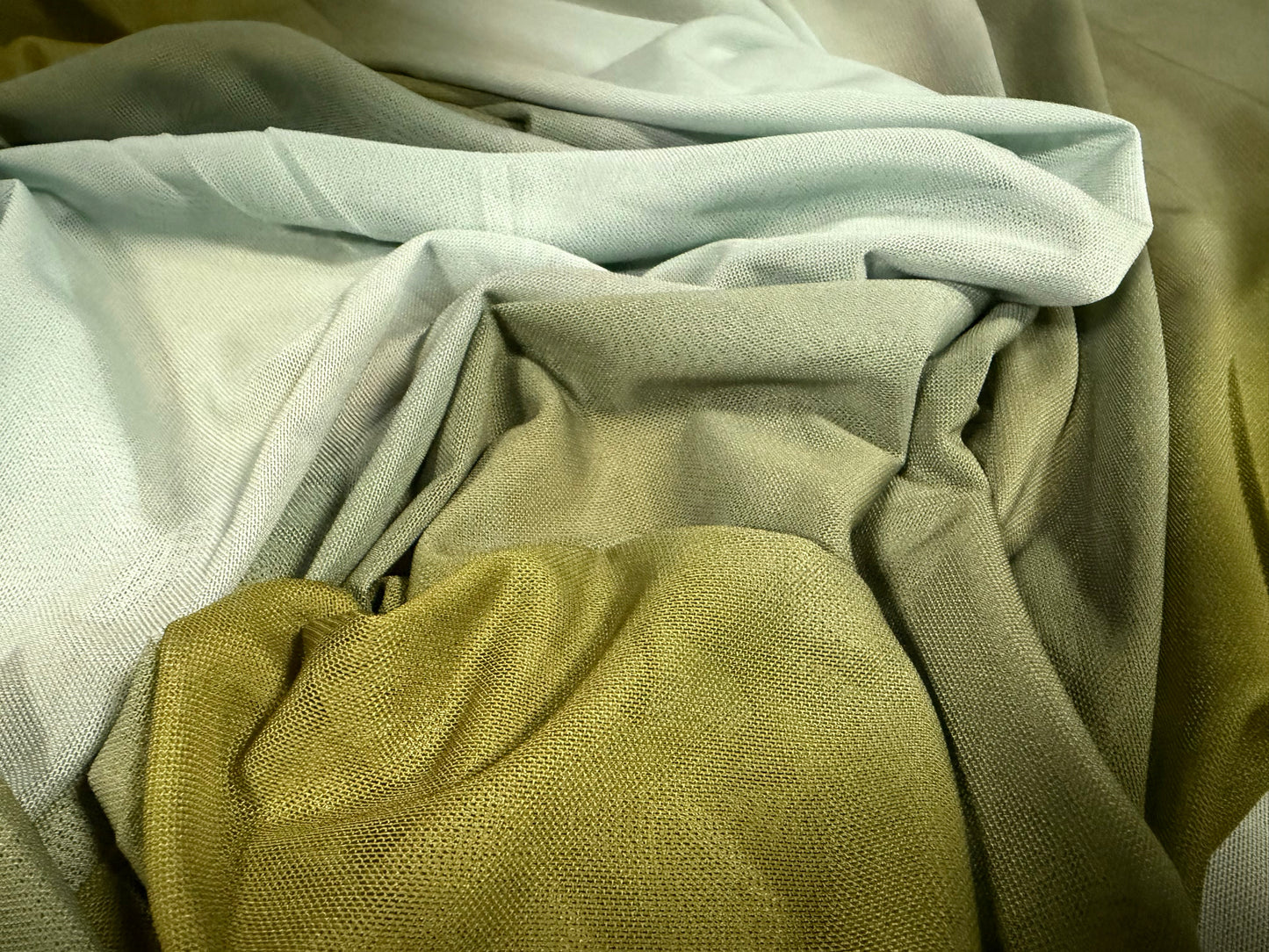 Power mesh net stretch spandex fabric, per metre - bias ombré stripe - aqua & olive green