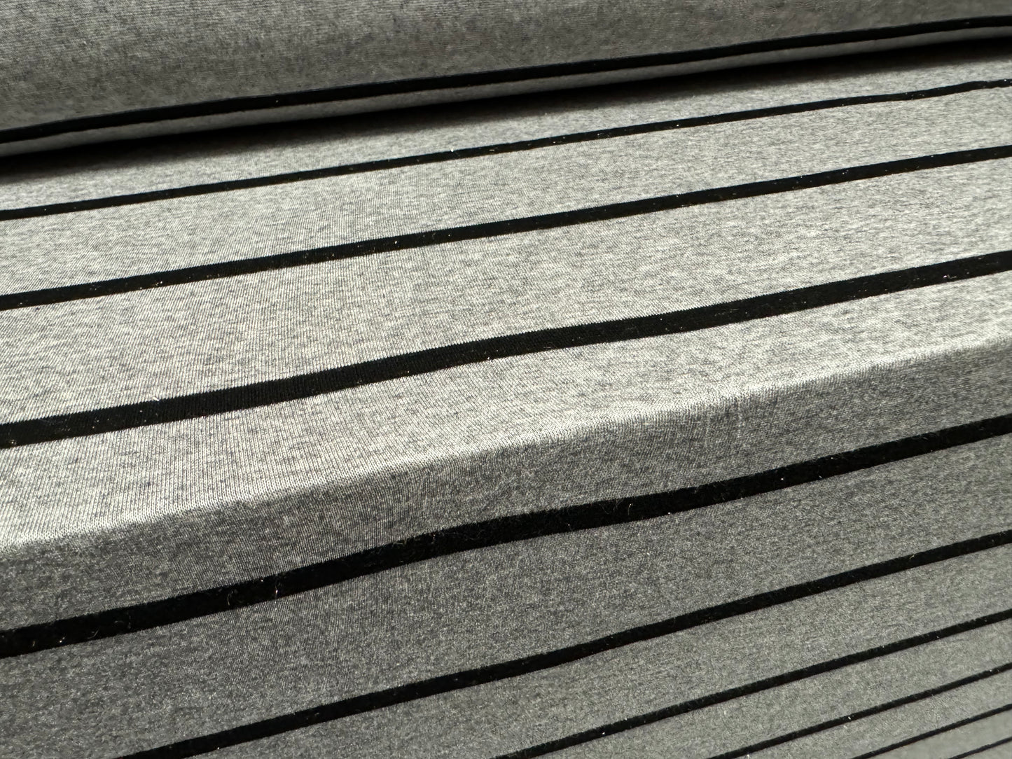 Lightweight single jersey fashion fabric, per metre - metallic stripe - grey marl with black lurex