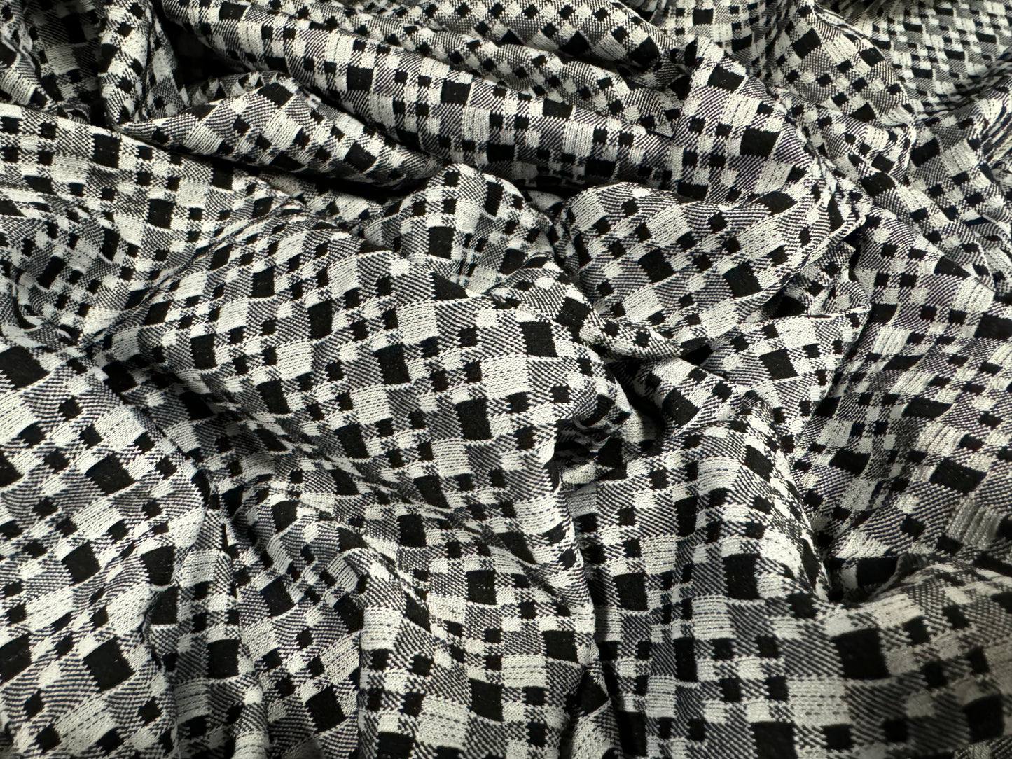 Stretch double jersey fabric, per metre - distressed gingham check - black & grey