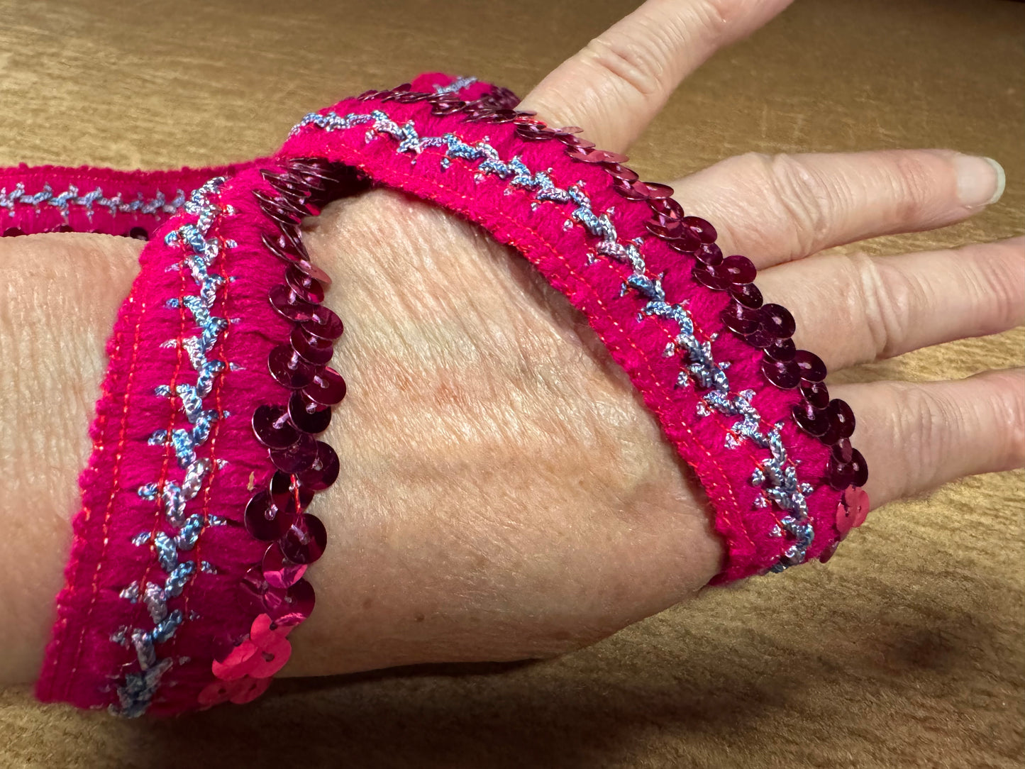 Stretch embroidered edging trim fabric with sequins, per metre - fuchsia