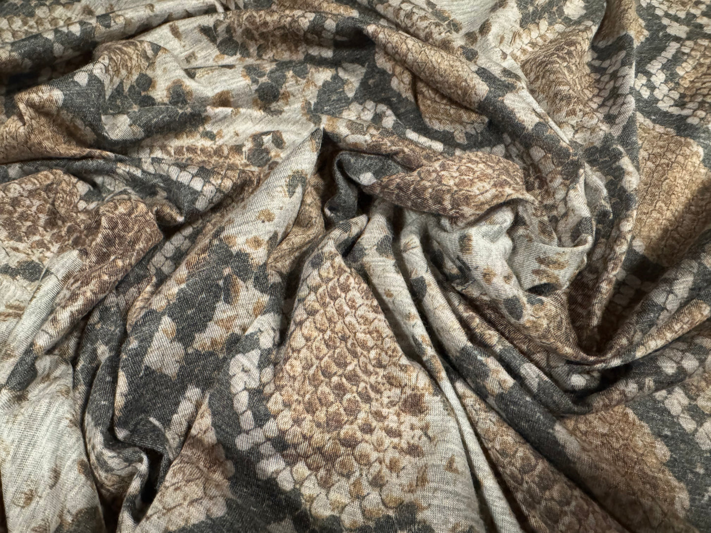 Stretch spandex melange jersey fabric, per metre - snake print - grey & tan