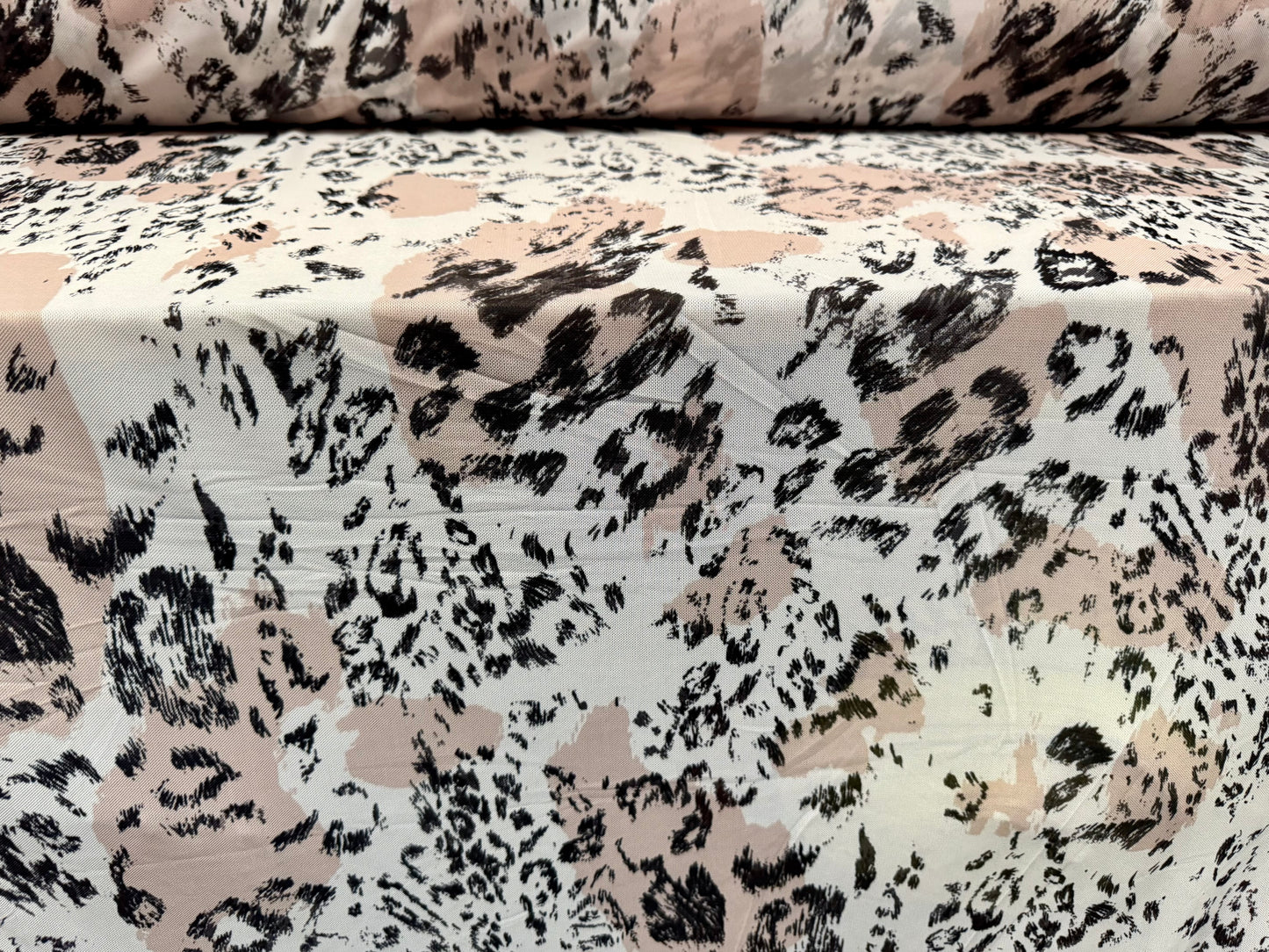 Power mesh net stretch spandex fabric, per metre - stylised leopard print - nude & cream