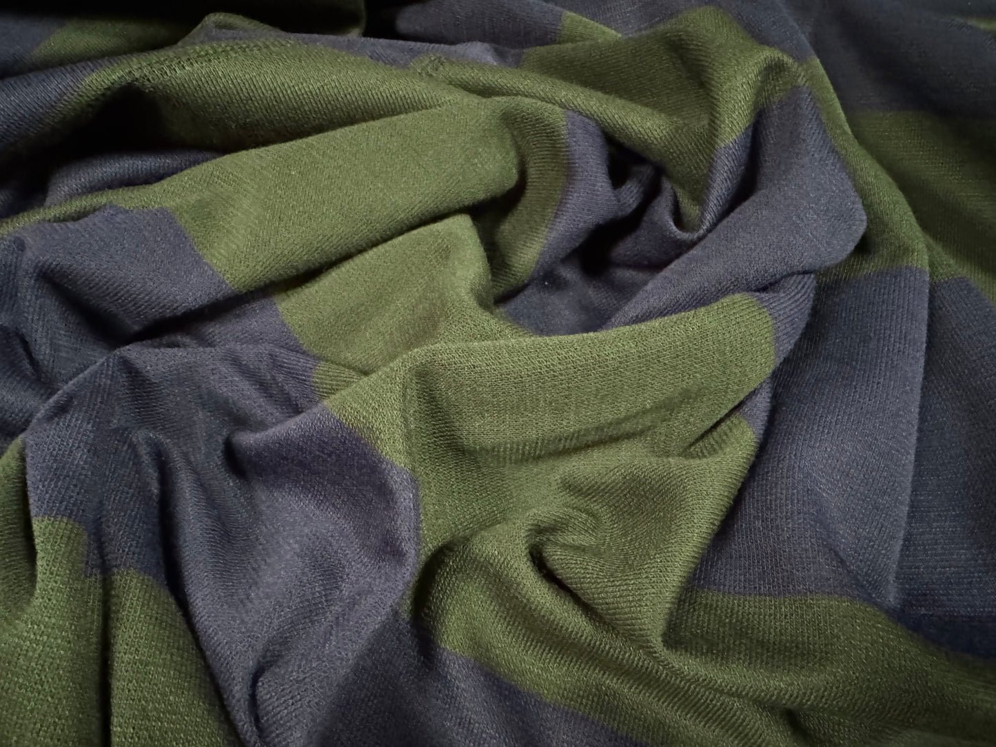 Knitwear jersey fabric, per metre - Rugby stripe - navy blue & olive green
