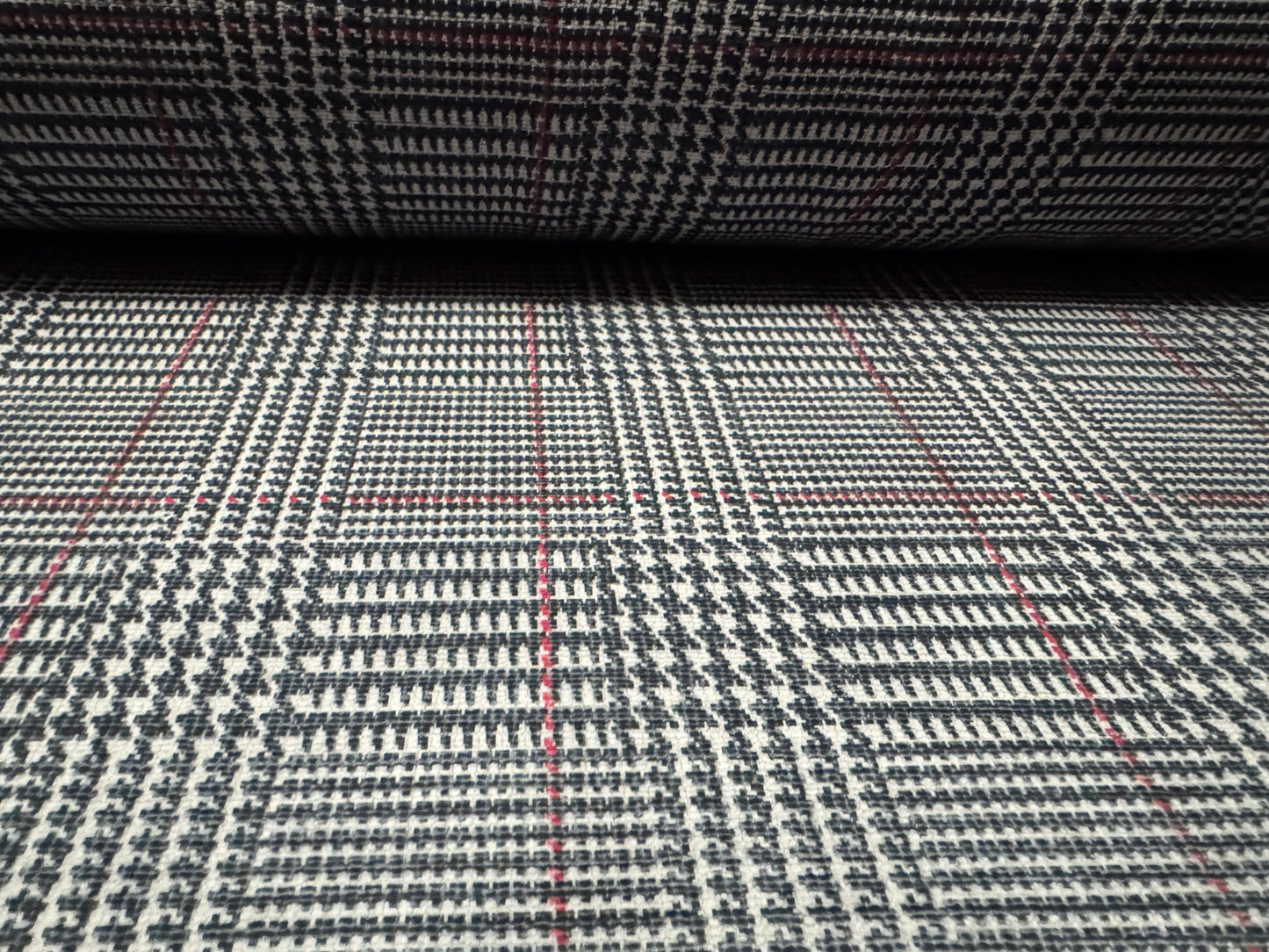 Chenille upholstery fabric, per metre - dogtooth check print - grey & red