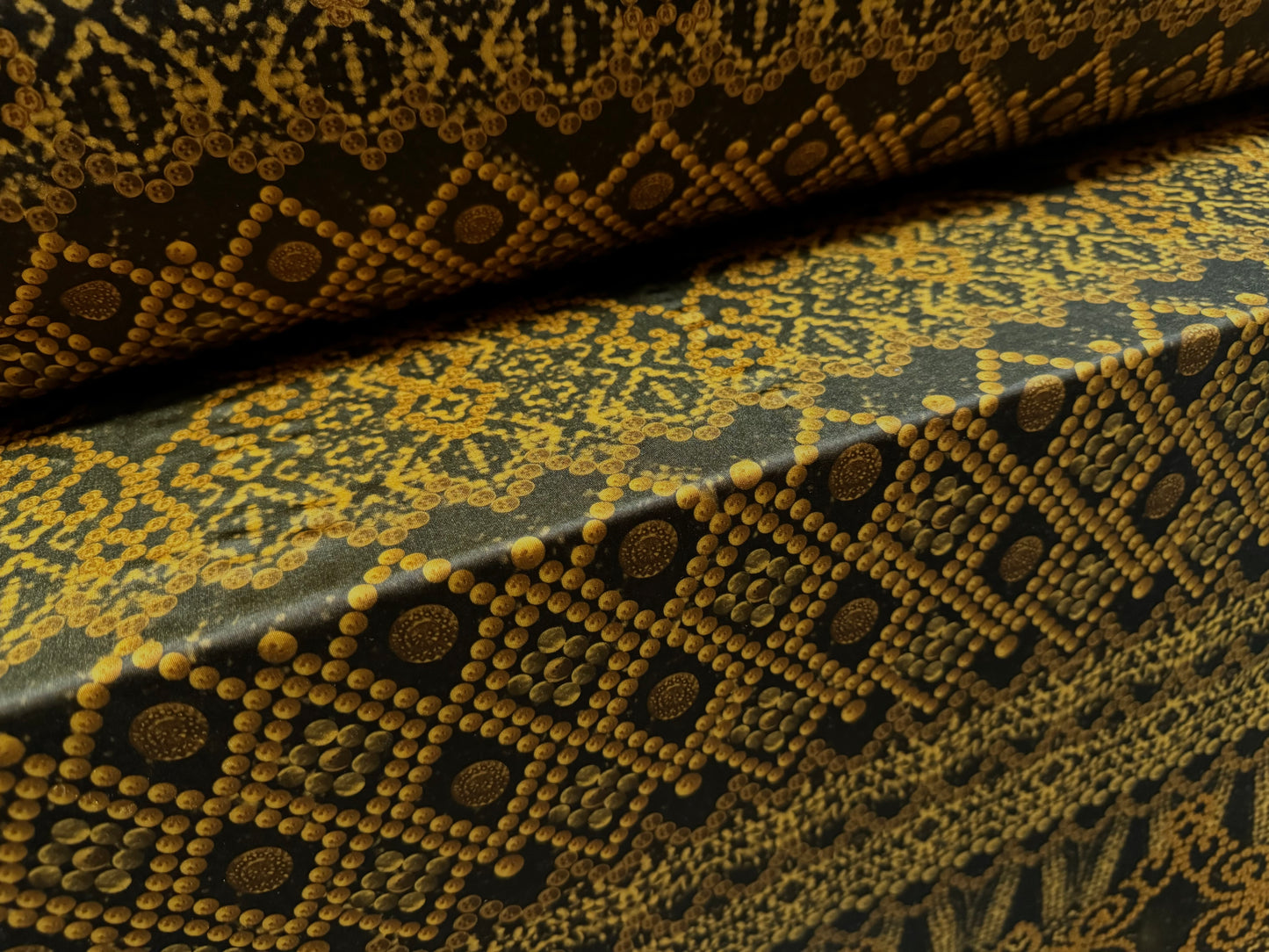 Swimwear stretch spandex jersey fabric, per metre - beaded mandala print - dark gold & brown