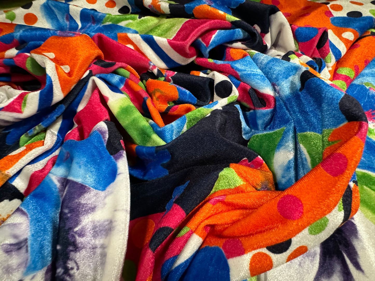 Spandex velvet stretch dress fabric, per mere - orchids & polka dots print - bright blue & red