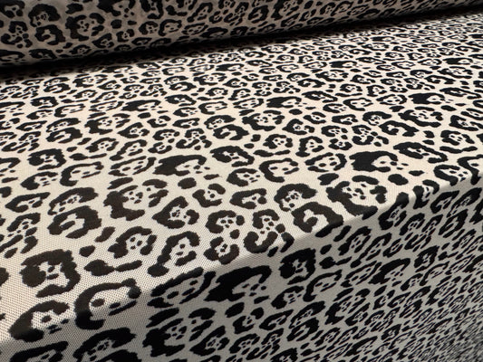 Power mesh net stretch spandex fabric, per metre - leopard animal print - pearl