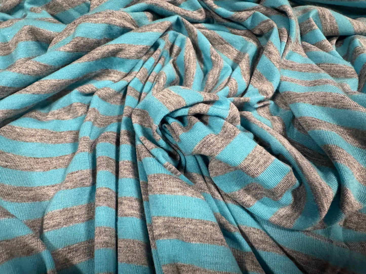 Stretch viscose blend single jersey fabric, per metre - stripe - turquoise blue & grey marl