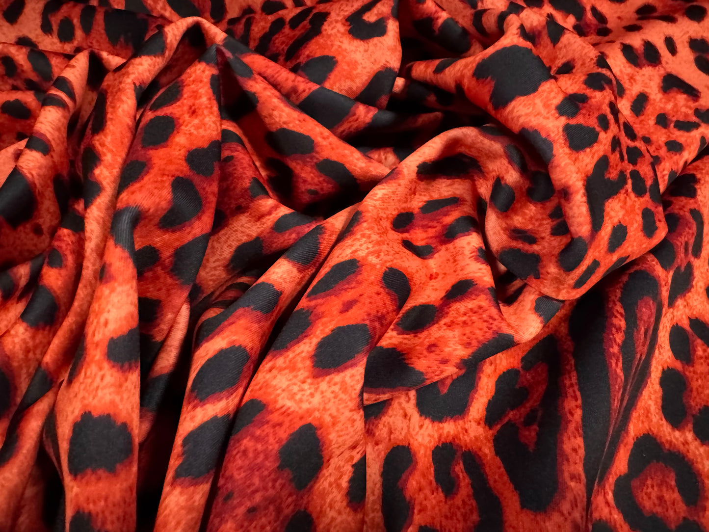 Scuba stretch spandex double jersey fabric, per metre - leopard print - blood orange